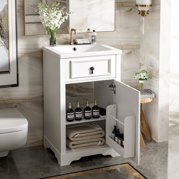 Harper & Bright Designs 20" Small Bathroom Vanity Sink Combo with Drawers, Bathroom Floor Cabinet with Shelf and Soft Close Door, White