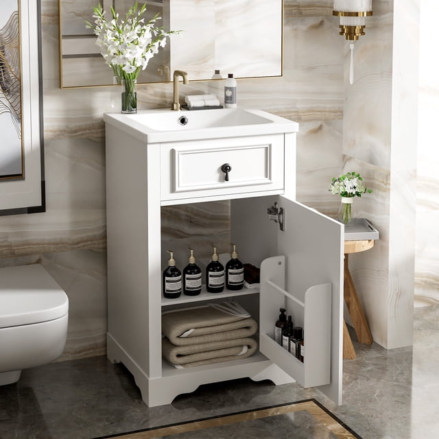NEW 20-Inch Bathroom Vanity with Ceramic Sink, Soft Close Door, Adjustable Shelf, and Door-Mounted Storage Rack
