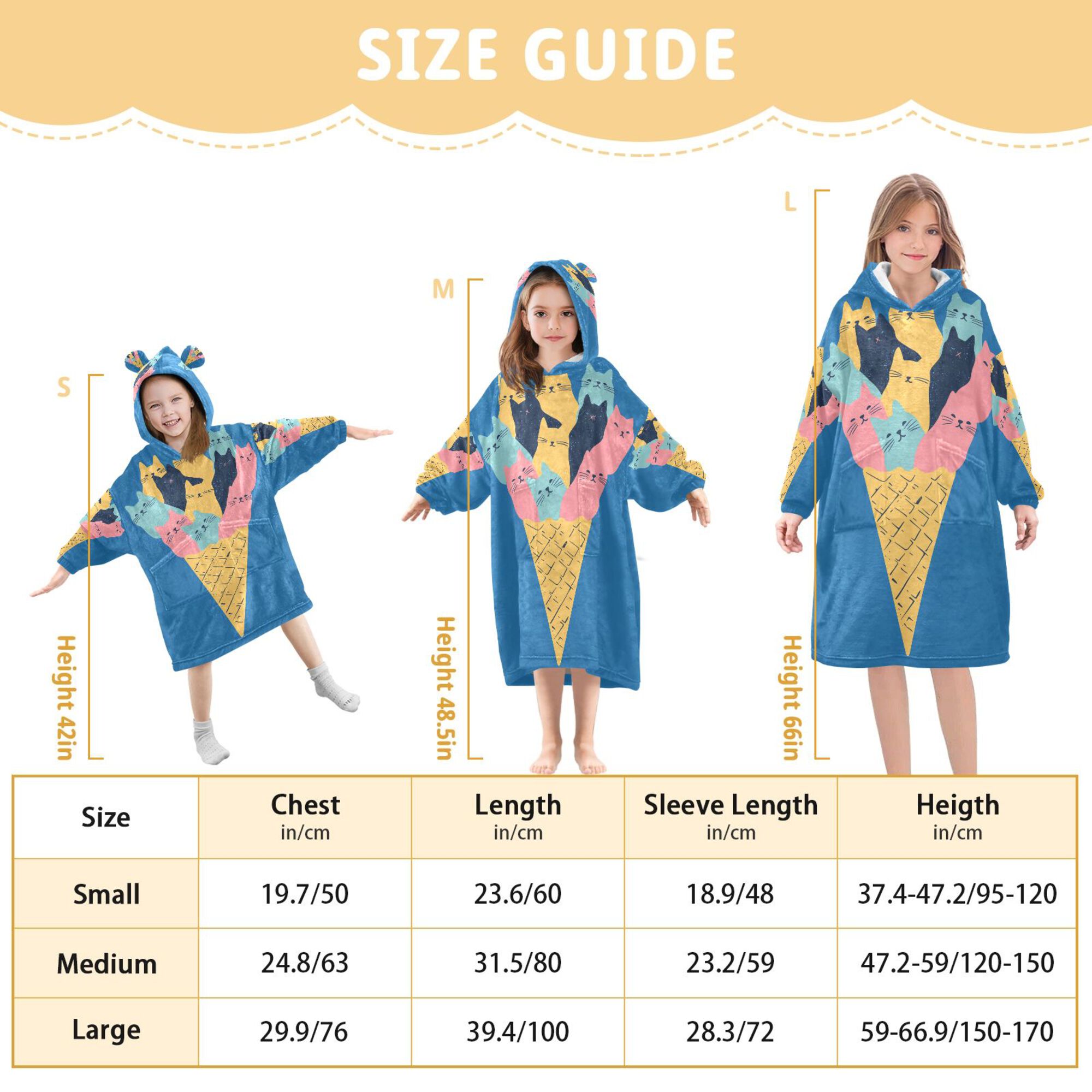 FORMRS Wearable Blanket Hoodie with Sleeves for Kids Cozy Flannel Sweatshirt, Colorful Ice Cream Cat
