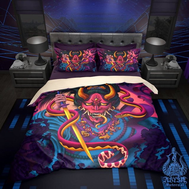 Psychedelic Bedding Set, Comforter or Duvet, Vaporwave Japanese Demon Bed