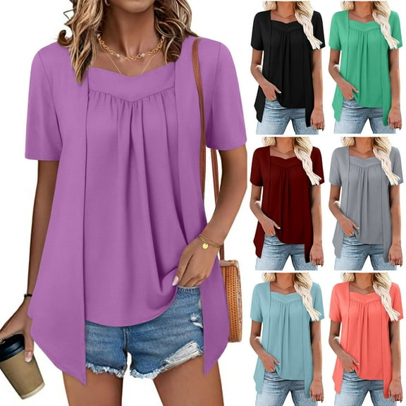 Tops for Women Plus Size Short Sleeve Dressy Blouses V-Neck Pleated Front Casual Loose Summer Shirts S-2XL