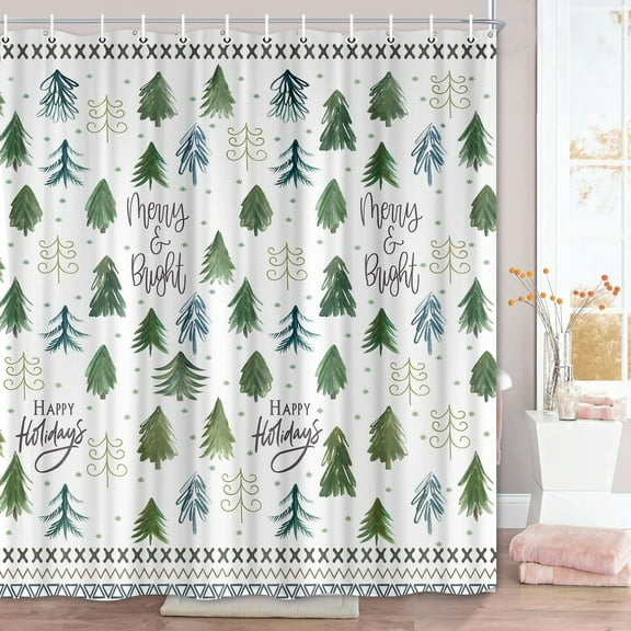 Winter Christmas Shower Curtain Green Christmas Tree Snow Forest Bathroom Decor Teal Pine Tree Bath Curtain Nature Scene Xmas Holiday Bathroom Decor Hooks Included 70X70in