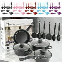 Thirteen Piece Cookware Set, Pots and Pans Collection, Non-stick Stoneware, Includes Soup Pot, Milk Pan, Frying Pan, and Spatula, for Cooking, Baking, and Sauting, Pink, by FAJHHA