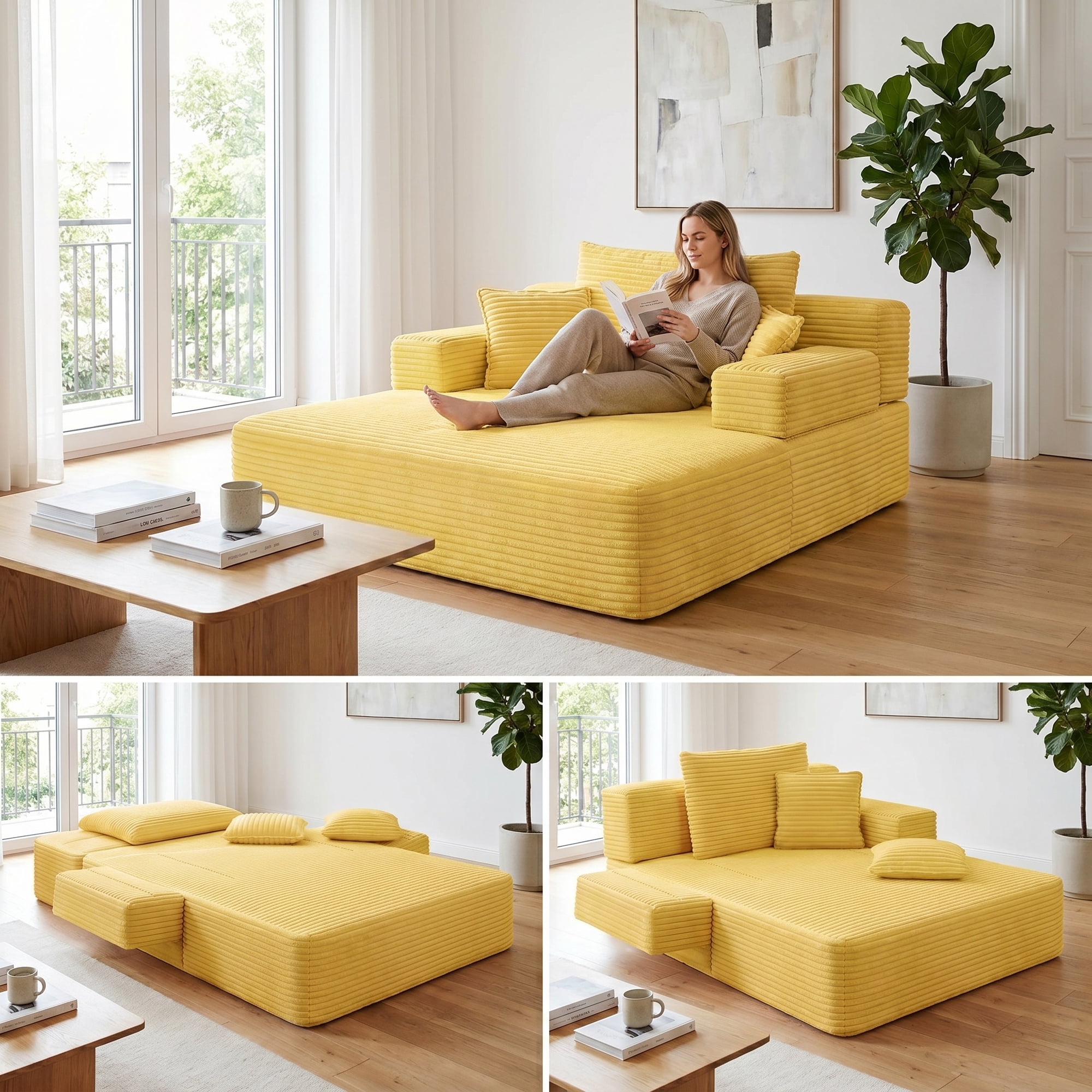 Kelyda 61'' Oversized Chaise Lounge Chair Indoor, Modern Boneless Convertible Corduroy Couch Loveseat Sofa Sleeper Yellow