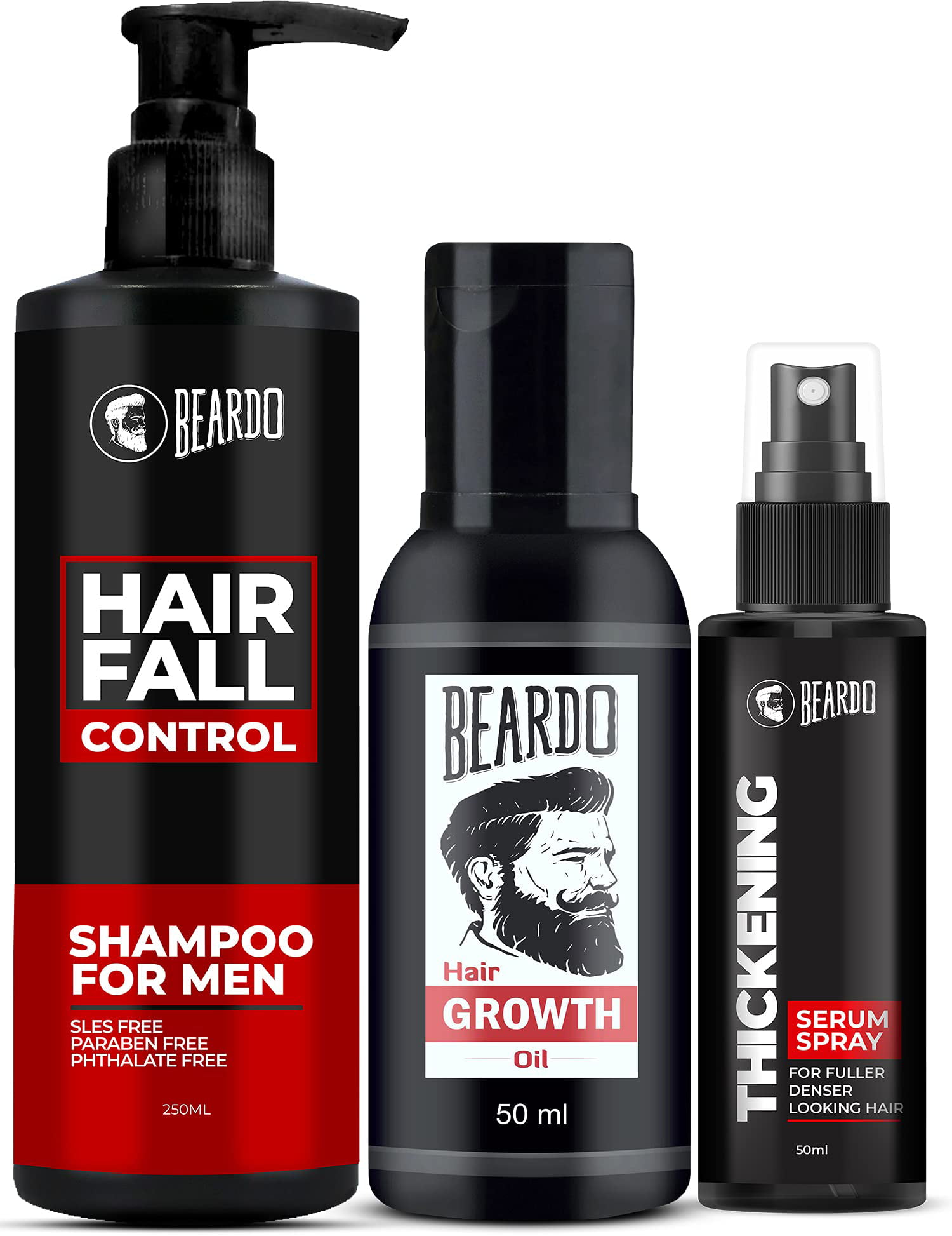 Beardo Beard & Hair Growth Oil (50ml), HAIR FALL CONTROL SHAMPOO 250ML,  Thickening Serum Spray (50ml) 