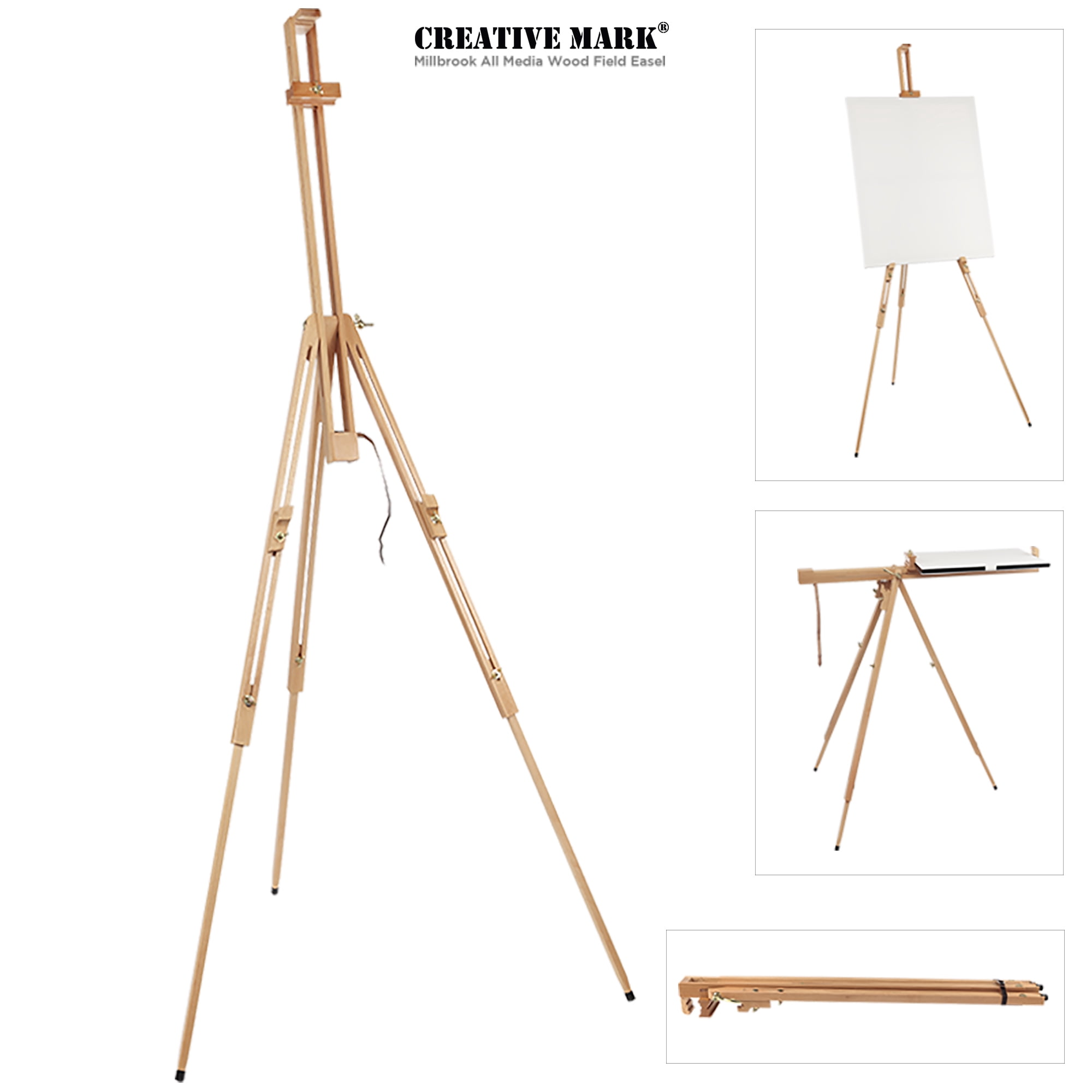 Artist Easel - Millbrook All Media Wood Field Easel LightWeight Adjustable Angles Perfect For Watercolors, Acrylics, and Oils, Holds Canvases up to 48" High