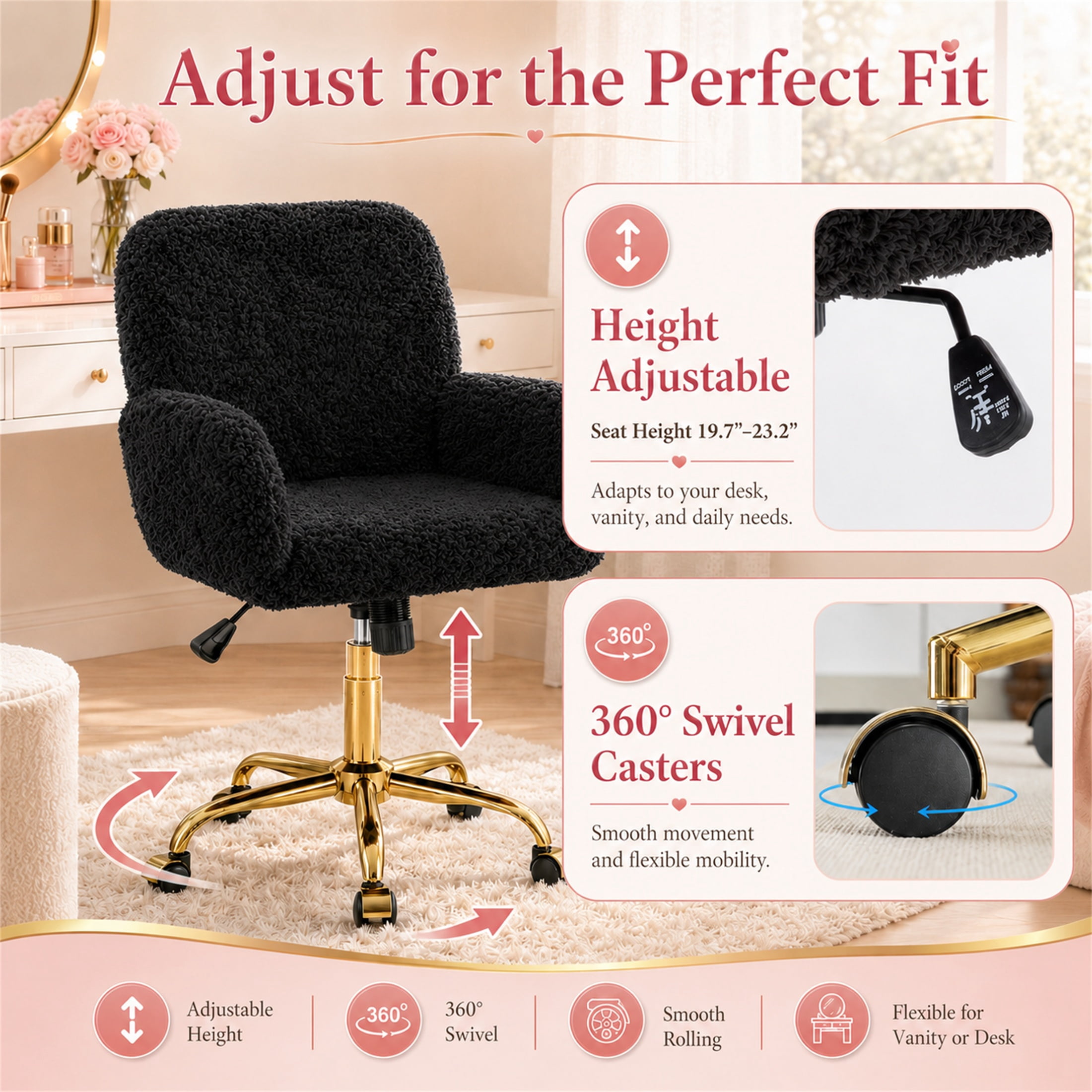 SESSLIFE Vanity Chair, Height Adjustable Velvet Makeup Chair, Comfy Home Desk Chiar with Gold Legs, 360° Swivel Office Chair for Bedroom, Black