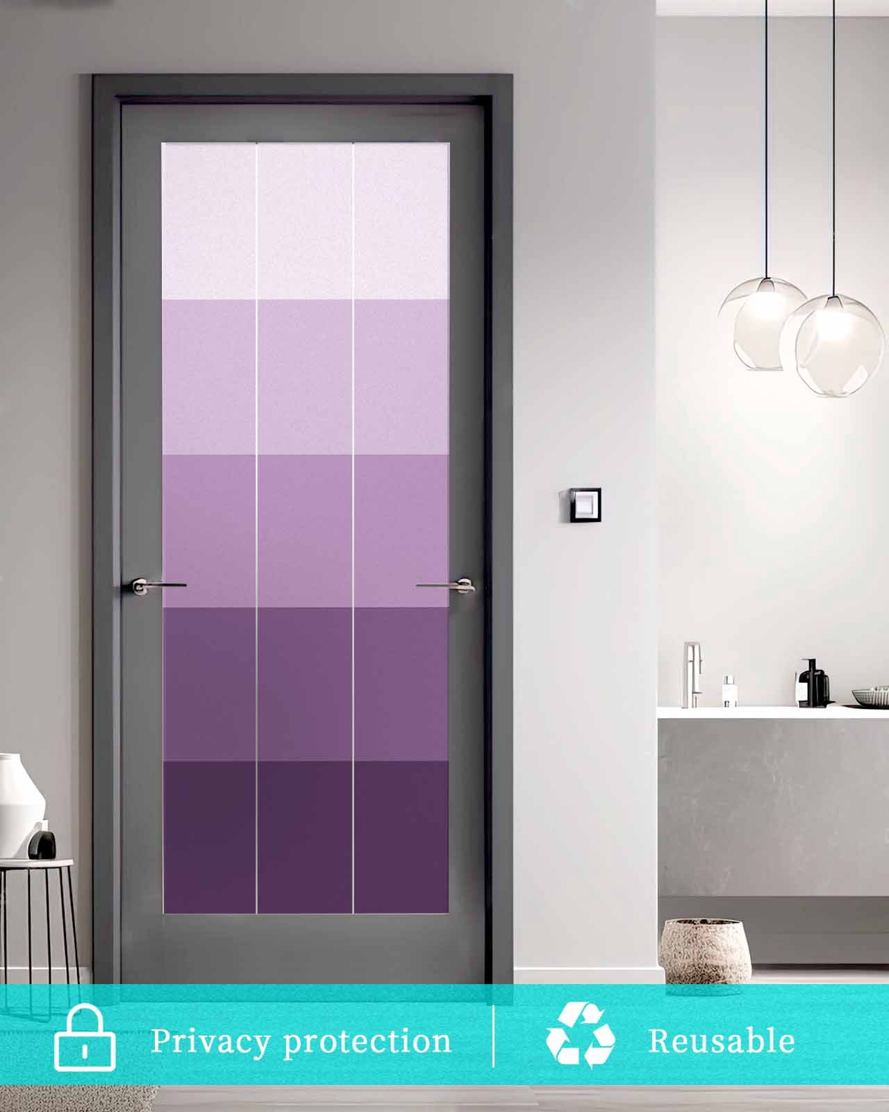 Window Privacy Film, Ombre Purple Grey UV Sun Blocking Window Tint Film Heat Control One Way Blackout Window Film, Simple Modern Farmhouse Stripes Non Adhesive Static Cling Window Sticker 23.6x59 In