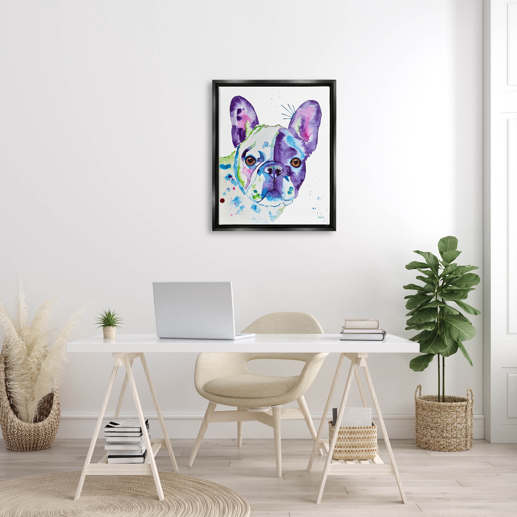 French Bulldog Modern Face Portrait Animals & Insects Graphic Art Jet Black Framed Art Print Wall Art