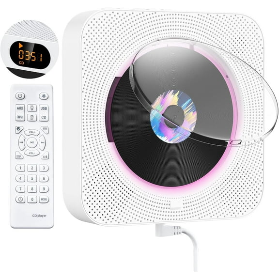 Gueray Bluetooth Portable CD Player, Wall Mountable Music Player Home Audio Speaker, with Remote Control, White