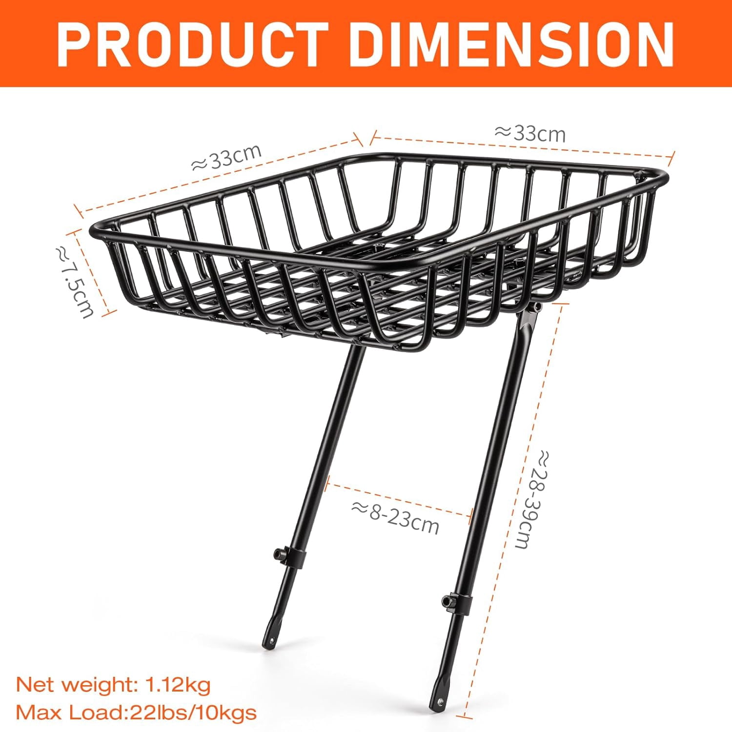 Large Front Bike Basket Rack with Struts -  Aluminum  Basket for 26-29 Inch Bikes, Black