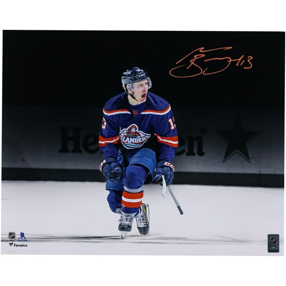 Mat Barzal New York Islanders Autographed 16" x 20" Reverse Retro Celebration Spotlight Photograph - Fanatics Authentic Certified