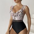 thumbnail image 3 of Traje de baño de una pieza con estampado de leopardo, sin mangas, con volantes, cuello en V, traje de baño de una pieza sin espalda a la moda para mujer, café L, 3 of 8
