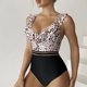 thumbnail image 3 of Traje de baño de una pieza con estampado de leopardo, sin mangas, con volantes, cuello en V, traje de baño de una pieza sin espalda a la moda para mujer, café XXL, 3 of 8