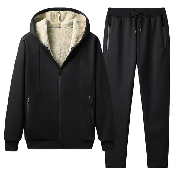 Timoontee Men's Winter Fleece Lined Thickened Warm Set 2 Piece Set Long Sleeve Zip Up Hoodies Drawstring Long Pants Casual Comfy Clothes with Zip Pocket Black L
