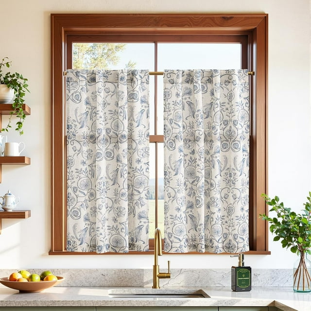 Small Window Curtains 36 Inch Linen Floral Curtain Set for Kitchen Bathroom Cafe Curtains Light Filtering Window Treatment Farmhouse Cottagecore Back Tab Drapes 2 Panels Blue on Beige