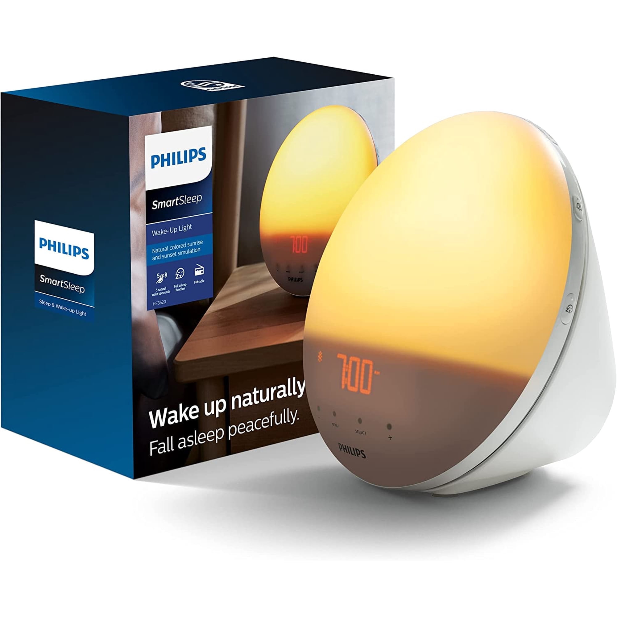 SmartSleep Wake-up Light, Colored Sunrise and Sunset Simulation, 5 Natural Sounds, FM Radio & Reading Lamp, Tap Snooze, HF3520/60