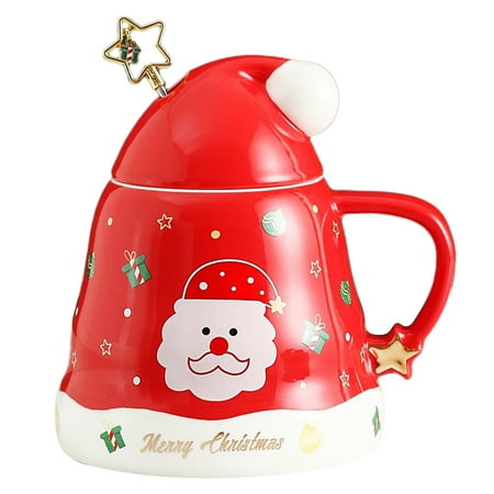 

Hapeisy Christmas Coffee Mug Ceramic Milk Beverage Breakfast Mug Cup ，with Hat Lid and Star Stir Stick，Holiday Gift Mug