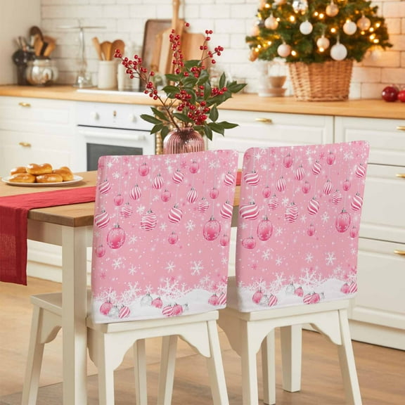 Christmas Ball Chair Covers Set of 4 Pink Xmas Balls Snowflakes Winter Snow Scene Chair Back Covers Stretch Removable Washable Slipcovers Protector for Dining Room Kitchen Party Decor