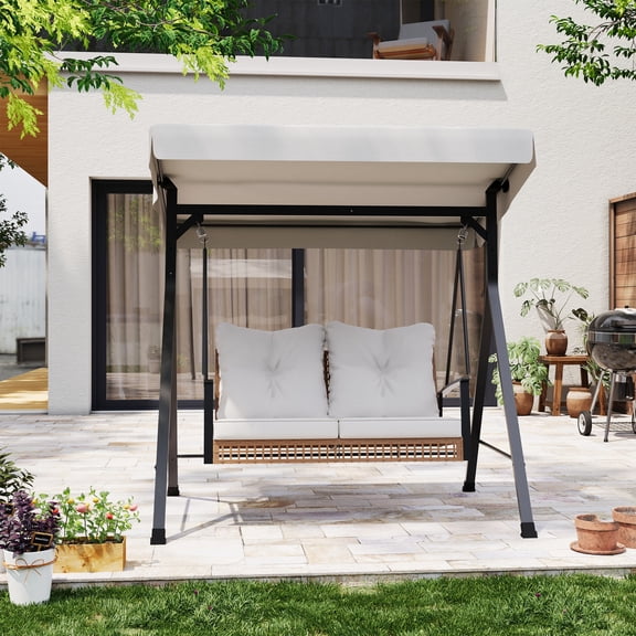 KAMEROUT 2-Person Outdoor Patio Swing with Stand,  Wicker Swing with Adjustable Canopy & Removable Beige Cushions for Garden, Backyard