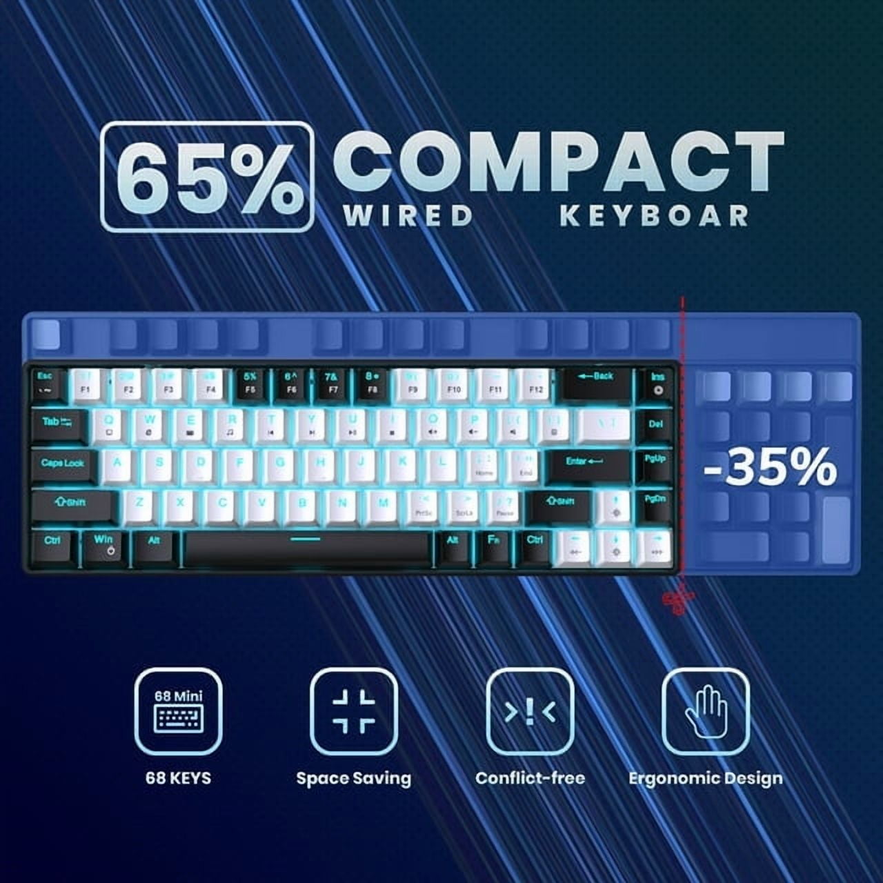 Mechanical Gaming Keyboard Wired, 68 Keys RGB Backlit 60% Keyboard,Multimedia & Anti-ghosting Keys for Windows Computer Laptop PC Mac Gamer,Black and White