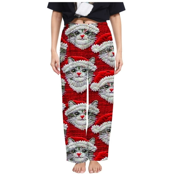 Fiaer Christmas Women Flannel Pajamas Pants Plus Size Santa Printed Wide Leg Sleepwear Trousers Baggy Casual Trendy Funny Graphic Loungewear Xmas Slacks Multicolour XL