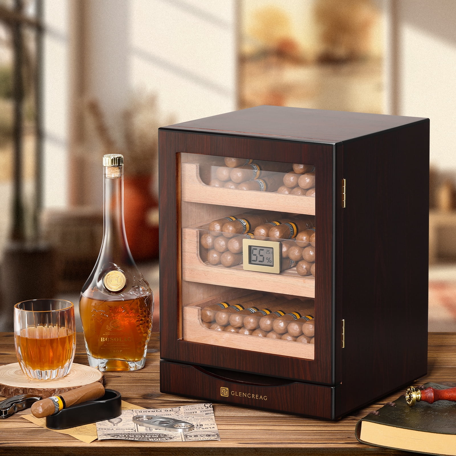 GLENCREAG MET-1031 Cigar Humidor Cabinet for 100 to 150 Cigars with Spanish Cedar Lining, Tight-Seal Magnetic Door, 3+1 Large Capacity Drawers