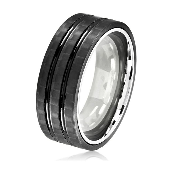 Crucible Jewelry Men's Grooved Carbon Fiber Steel Ring (8mm)