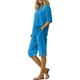 thumbnail image 6 of Dazajoo Womens Two Piece Sets Summer Dressy Casual Button V Neck Short Sleeve Tops Matching Bermuda Shorts Set Solid Color Lounge Suits Vacation Sale,Blue,XL, 6 of 10