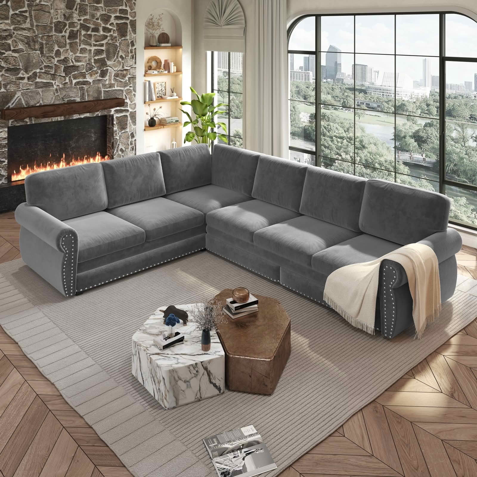 MAYEERTY 118" L‑Shaped Convertible Pull‑Out Sofa Bed, Chenille Sectional Couch with Nailhead Trim & Rolled Arms, Oversized Multifunctional Sleeper Sofa