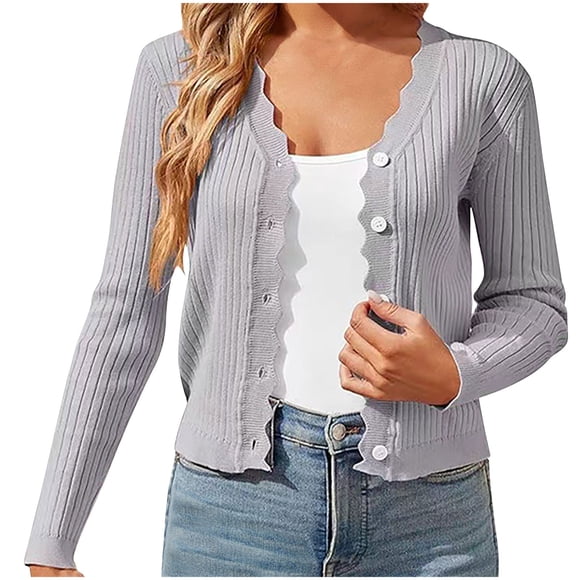 SZJXBUY Plus Size Summer Cardigans Women Dressy Casual V Neck Button Down Cropped Cardigan Soft Ribbed Knit Shrugs for Dresses Tops Gray,XXL