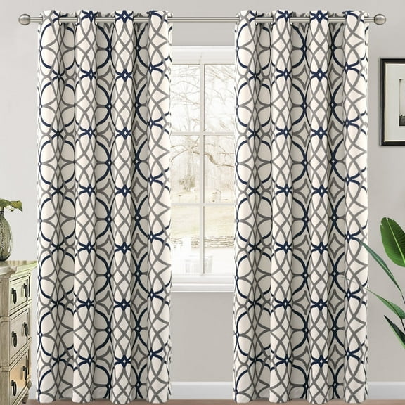 PrimeBeau Thermal Insulated Geometric Pattern Blackout Curtains, Navy and Gray, 2 Panels, W52 x L84 inch