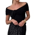 thumbnail image 2 of Women Twist Knot Front Off the Shoulder Tank Tops Cap Sleeve Shirts Slim Fitted, 2 of 10