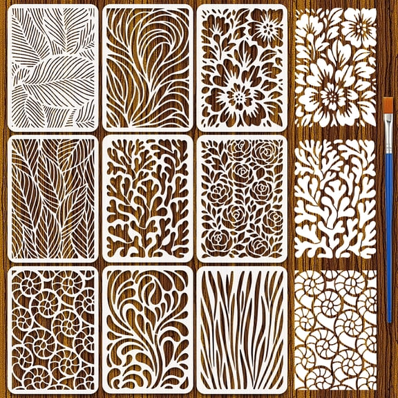 9PCS Art Stencils 8.3x11.7 Inch Corals Flowers Leaves Stencils Reusable Nature Drawing Templates with a Brush for Canvas Spray Painting Crafts