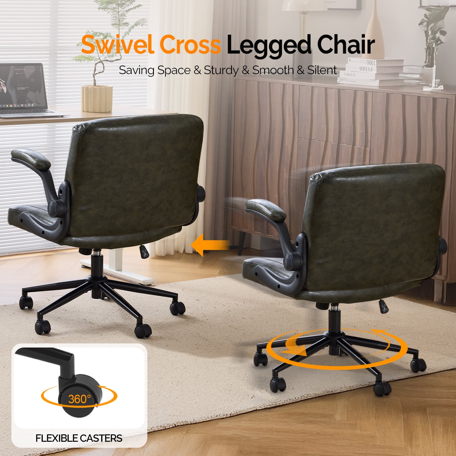 Ktaxon PU Office Desk Chair , Flip-Top Armrest Task Chair on Metal Star Base, Adjustable Height & Quiet Casters for Study Dark Green
