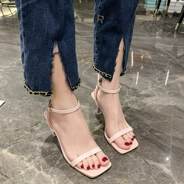 Sandalias de tacón alto de tres colores en polvo blanco y negro para mujer, tacones sexis con correa en el tobillo, tacones de fiesta a la moda para mujer, tacones para mujer 39 Gao Jinjia LED