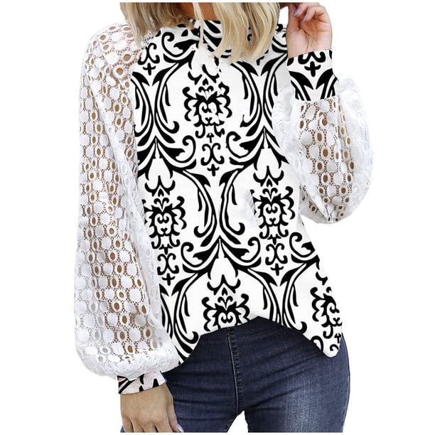 Blusa informal de manga larga con empalme de encaje y cuello redondo para mujer Pompotops gfhjh18703