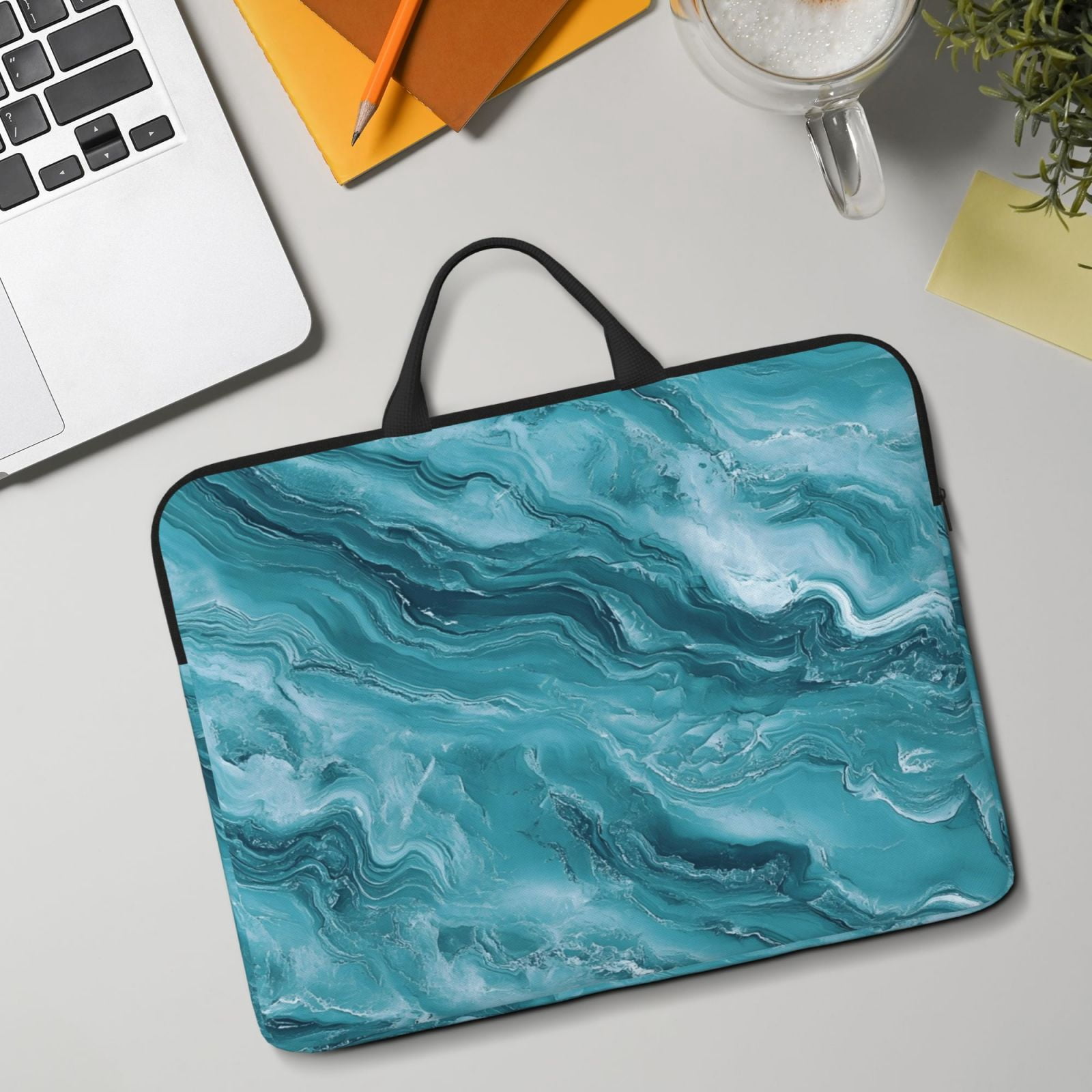 Laptop Sleeve Bag For Women Men 14inch Waterproof Durable Protective Computer Carrying Cover Handle Laptop Case Bag Teal Marble_3
