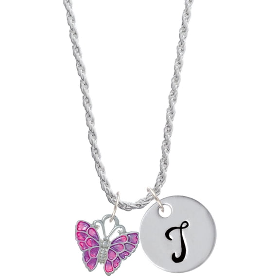 Delight Jewelry Silvertone Hot Pink & Purple Butterfly Silvertone Script Initial Disc - T - Charm Necklace, 20"+3"