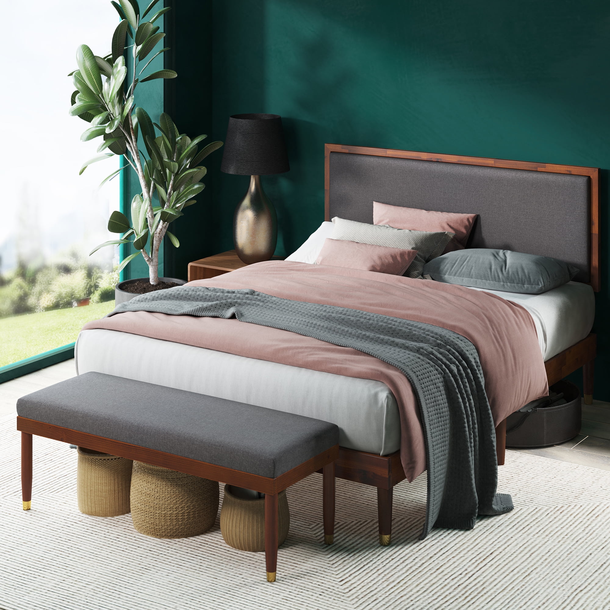 Zinus Raymond 38" Wood Platform Bed Frame with Adjustable Upholstered Headboard, Queen