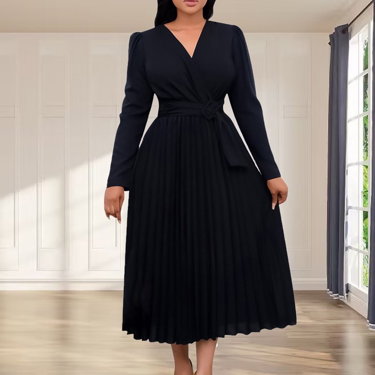 Bpmpbo Women's V-Neck Maxi Dress with Long Sleeves, Tie-Waist Belt and Flowy Pleated Skirt Fashion High Waist Shirt Dress, Size: Small, Black