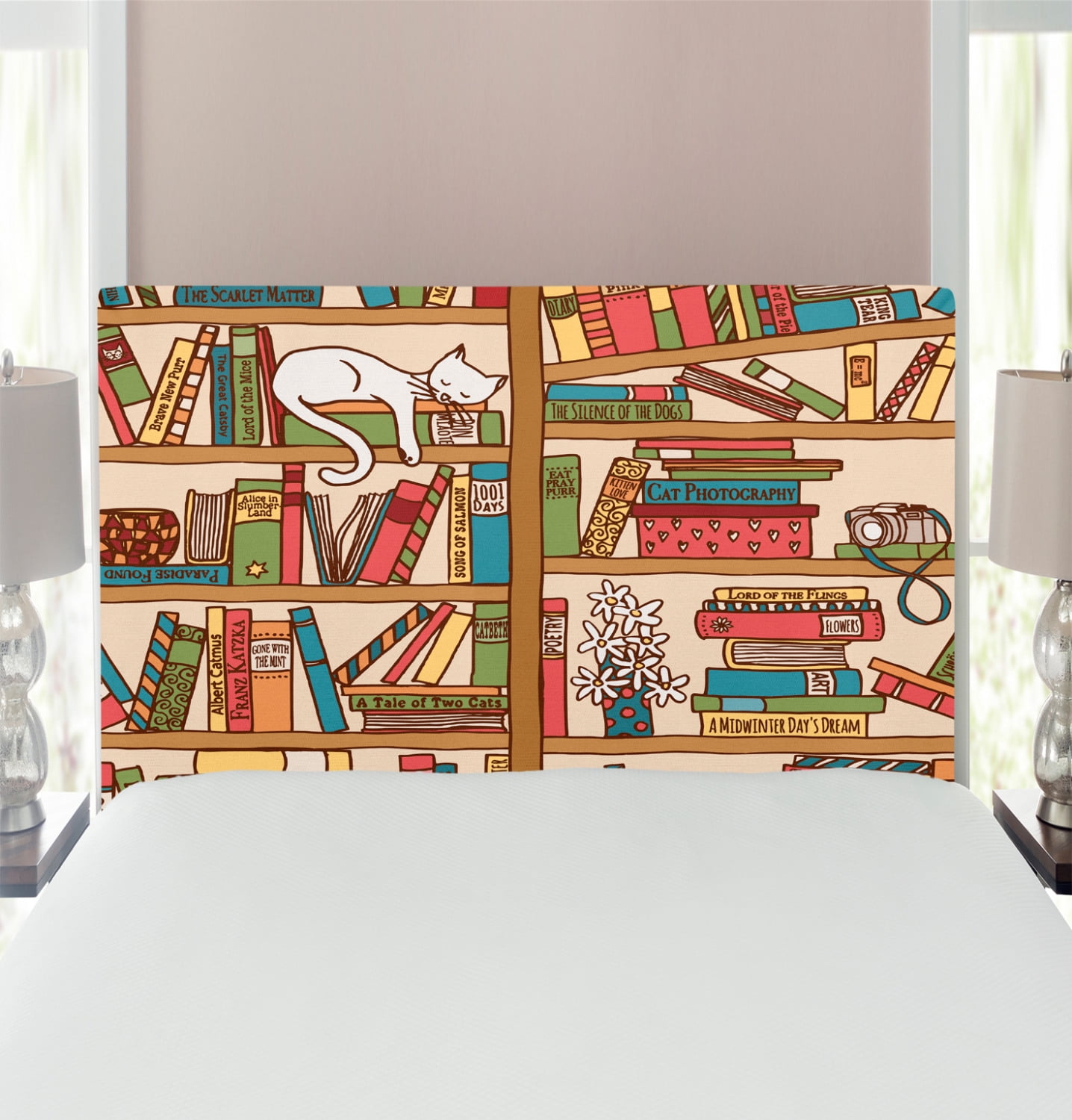 Cat Headboard, Nerd Book Lover Kitty Sleeping over Bookshelf Library