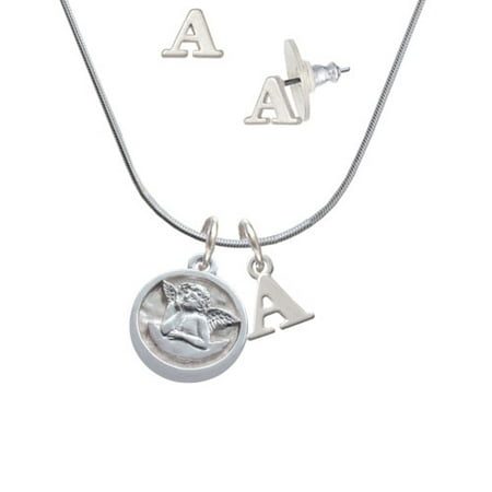 Right Angle Stud - Raphael Angel - Round Seal - A Initial Charm Necklace and Stud Earrings Jewelry Set
