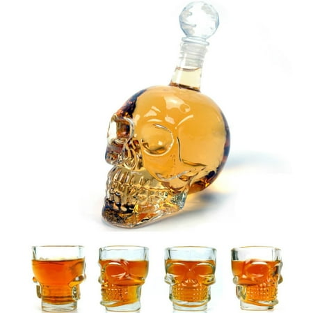 Wine Decanter Set Skull Carafe with Stopper, Set of 5 (1 Large Skull Face Decanter with 4 Skull Shot Glasses) Great Whiskey, Scotch and Vodka Shot Glass Set Best Whisky Beer Wine Drinking (Best Vodka Drinks To Order)