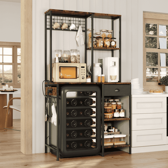 Large Bakers Rack with Power Outlets & Adjustable Shelves, Large Coffee Bar Station with 8 Hooks,Kitchen Shelf Rack for Spices, Pots (Rustic Brown)