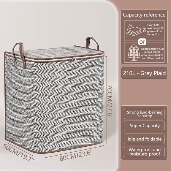 Large Capacity Storage Bag 210-Liter Foldable Zipper Closure Non-Woven Fabric with Handle for Household Organization Gray