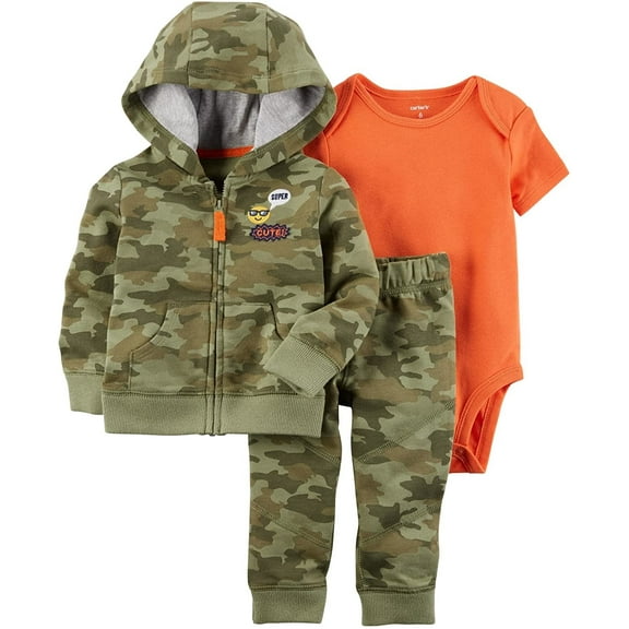 Carter's Baby Boys 3 Piece Cardigan Bodysuit and Pants Set, Camo Emoji, Newborm