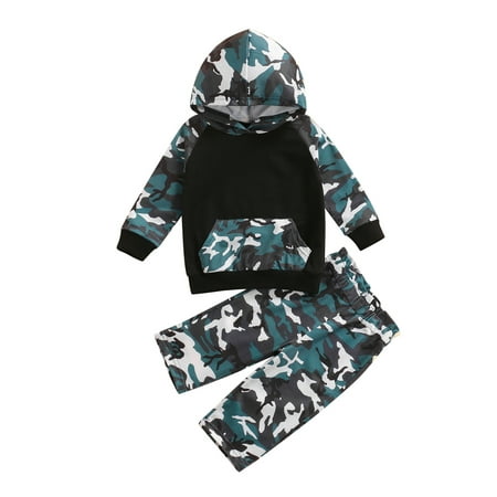 

Canrulo Toddler Baby Boys Fall Outfits Camouflage Patchwork Long Sleeve Hooded Sweatshirt Pants Clothes Green Black 18-24 Months