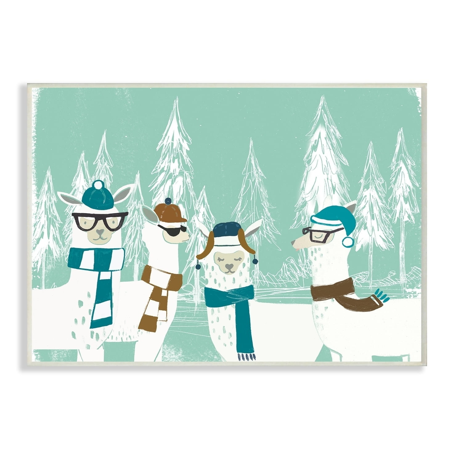 The Stupell Home Decor Collection Holiday Llamas in Hats Scarves and Glasses with Pine Trees Oversized Wall Plaque Art, 12.5 x 0.5 x 18.5
