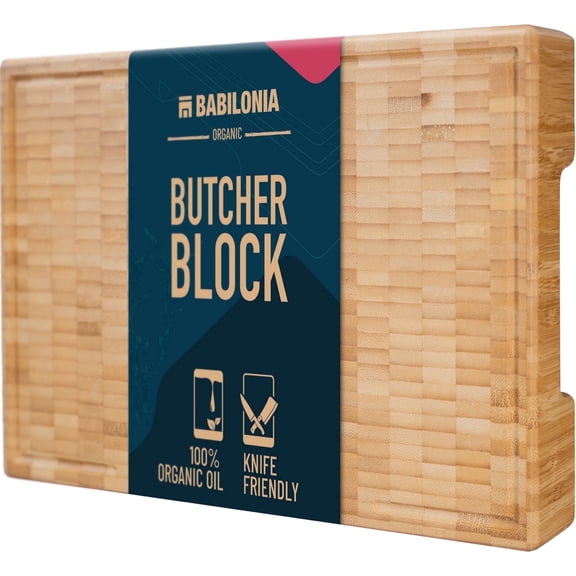 Babilonia Bamboo Cutting Board, 15.7 x 10.2 x 1.7 inch End Grain Wood Chopping Board with Juice Groove and Handle (Oil & Plate Included)